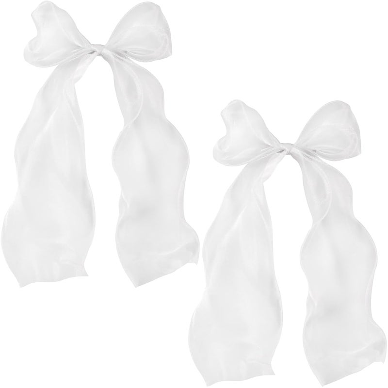 STSTR 2Pcs Large Hair Bow Clips, White Silk Yarn Ribbon Bow Hair Barrette for Women, Elegant Long Tail Bowknot French Hairstylist Accessories for Wedding, Parties, Festivals - Style 3 - Image 1